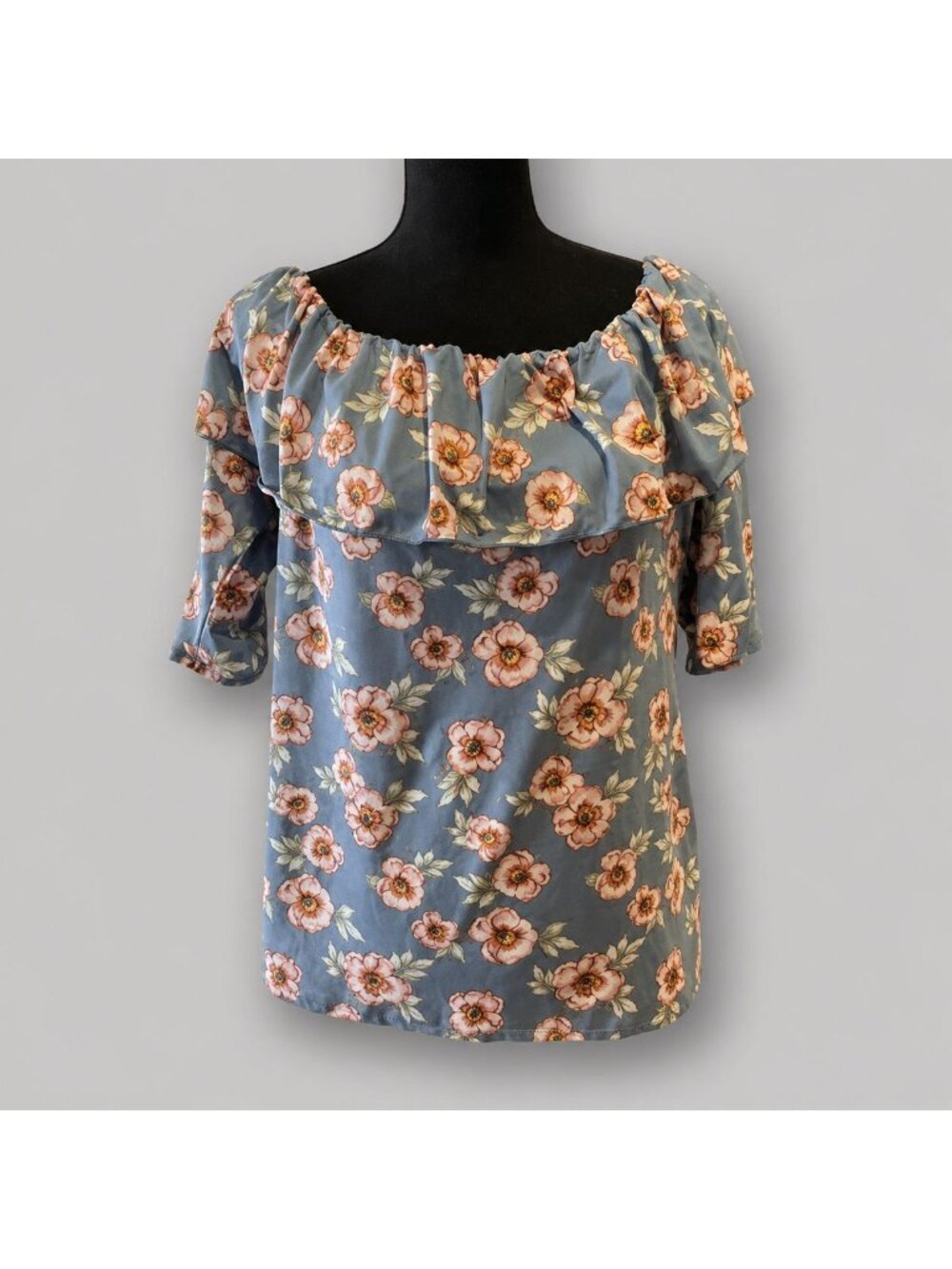 Minimi Plus 2XL Blue Floral Off Shoulder Ruffle Blouse Boho Peasant Top